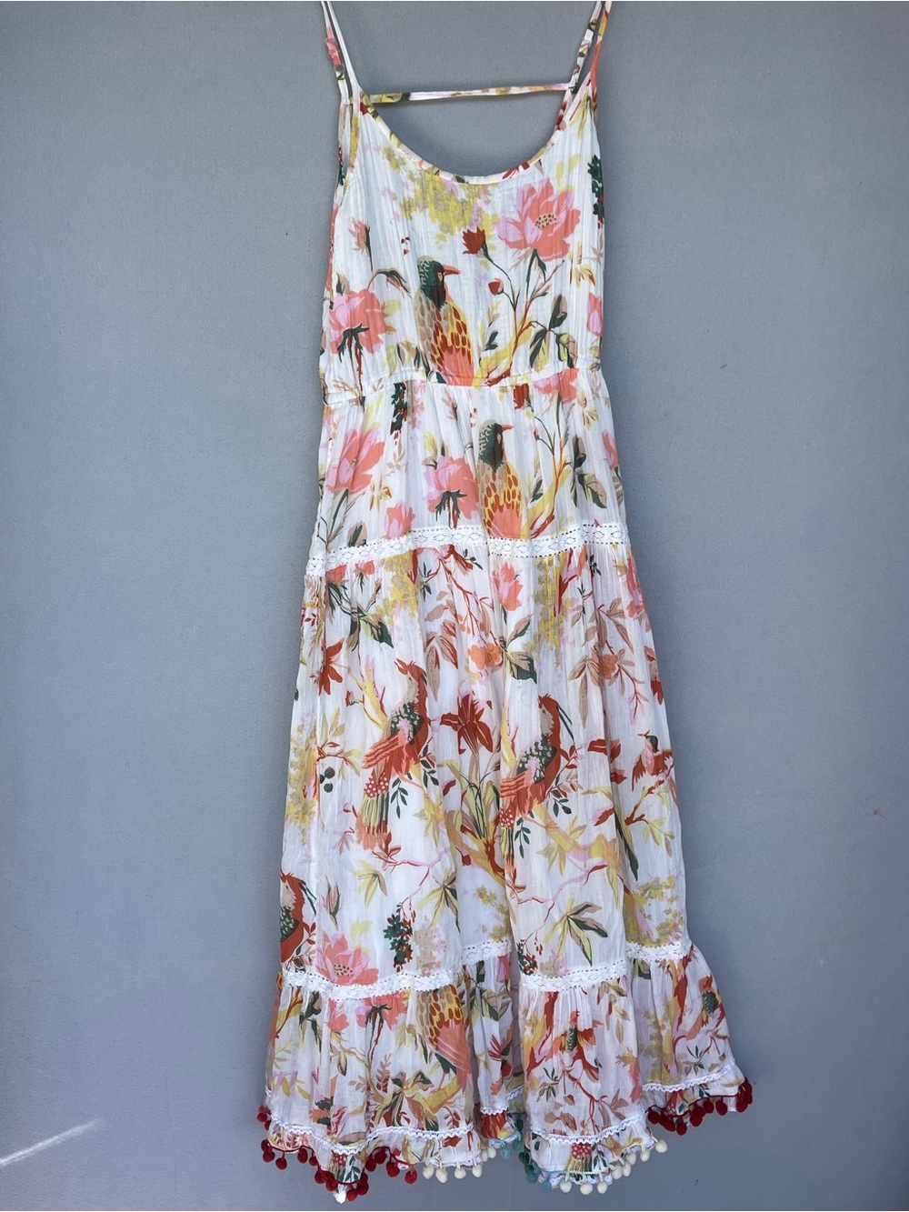 Ranee's Bird & Floral 100% Cotton Midi Dress Small Boho Resort Pom Pom Trim